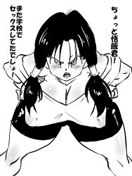 Rule 34 | 1girl, absurdres, breasts, cleavage, dragon ball, dragonball z, female focus, highres, large breasts, leaning forward, looking at viewer, monochrome, nipples, rickert kai, solo, text focus, videl
