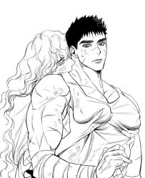 Rule 34 | 2boys, bandaged arm, bandages, bara, berserk, blush, chlthd 990, closed eyes, closed mouth, grabbing, grabbing from behind, greyscale, griffith (berserk), guts (berserk), large pectorals, long hair, male focus, monochrome, multiple boys, muscular, muscular male, pectoral grab, pectorals, scar, scar on arm, scar on face, scar on nose, tank top, upper body, yaoi