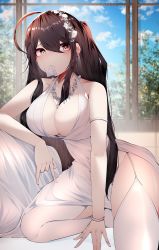 Rule 34 | 1girl, absurdres, ahoge, arm strap, azur lane, bed sheet, blue sky, blurry, blurry background, bracelet, breasts, cleavage, cloud, collarbone, condom, condom in mouth, condom wrapper, dress, flower, garter straps, hair between eyes, hair flower, hair ornament, hand gesture, heart, heart-shaped pupils, highres, jewelry, large breasts, looking at viewer, mouth hold, necklace, official alternate costume, samip, sidelocks, sky, sleeveless, solo, symbol-shaped pupils, taihou (azur lane), taihou (temptation on the sea breeze) (azur lane), thighhighs, thighs, white dress, white thighhighs