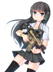 Rule 34 | 1girl, assault rifle, bad id, bad pixiv id, black hair, blue eyes, cellphone, digital media player, dreadtie, eotech, fn scar, gun, headset, highres, holding, holding gun, holding weapon, iphone, ipod, long hair, looking at viewer, magazine (weapon), medal of honor, military, original, phone, pleated skirt, rifle, school uniform, serafuku, skirt, smartphone, solo, trigger discipline, vertical forward grip, weapon, white background