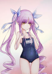 Rule 34 | 1girl, absurdres, bad id, bad pixiv id, blunt bangs, breasts, brown eyes, cleavage, covered navel, dltjrb0345, elf, gradient background, hands on own chest, highres, kyoka (princess connect!), long hair, one-piece swimsuit, pink background, pointy ears, princess connect!, purple hair, ribbon, school swimsuit, simple background, small breasts, solo, swimsuit, thigh gap, thighs, twintails, very long hair