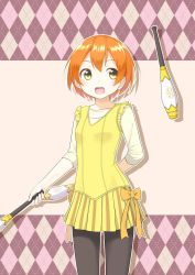 Rule 34 | &gt;:d, 1girl, :d, argyle, argyle background, argyle clothes, arm behind back, beige shirt, black pantyhose, blush, breasts, chintara10, collarbone, commentary request, cowboy shot, dress, frills, highres, hoshizora rin, juggling, juggling club, looking away, love live!, love live! school idol festival, love live! school idol project, open mouth, orange hair, outline, pantyhose, pleated skirt, short hair, silhouette, skirt, sleeveless, sleeveless dress, small breasts, smile, solo, standing, v-shaped eyebrows, yellow dress, yellow eyes