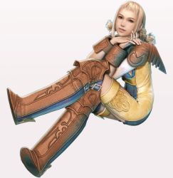 Rule 34 | 00s, 1girl, blonde hair, boots, brown footwear, female focus, final fantasy, final fantasy xii, leather, crossed legs, official art, penelo, sitting, solo, twintails