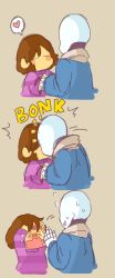 Rule 34 | 1boy, 3koma, = =, androgynous, blush stickers, brown hair, bumping, comic, crying, failure, flying sweatdrops, frisk (undertale), head bump, heart, highres, holding hands, hood, hoodie, injury, kiss, mamaito, nervous sweating, sans (undertale), shirt, silent comic, skeleton, spoken heart, striped clothes, striped shirt, sweat, sweatdrop, tears, undertale, you&#039;re doing it wrong