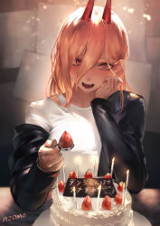 Rule 34 | 1girl, :d, alternate universe, artist name, azomo, blonde hair, blush, breasts, cake, candle, chainsaw man, commentary, confetti, cross-shaped pupils, crosshair pupils, demon girl, demon horns, denim, english commentary, fangs, fire, food, fruit, good end, hair between eyes, happy, happy birthday, heart, highres, hood, hoodie, horns, icing, jeans, long hair, looking at viewer, medium breasts, open mouth, pants, power (chainsaw man), purple background, red eyes, red horns, sharp teeth, shirt, signature, smile, solo, spoon, strawberry, strawberry cake, symbol-shaped pupils, teeth, tomboy, tongue, very long hair, white shirt
