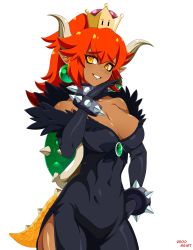 Rule 34 | 1girl, absurdres, armlet, black dress, black nails, blush, bowsette, bracelet, breasts, bright pupils, cleavage, collar, covered navel, cowboy shot, crown, dark-skinned female, dark skin, dress, earrings, gem, glint, hair between eyes, hand up, highres, horns, jewelry, large breasts, lizard tail, looking at viewer, mario (series), nail polish, new super mario bros. u deluxe, nintendo, orange eyes, pointy ears, ponytail, red hair, reddgeist, shell, signature, simple background, slit pupils, smile, solo, spiked armlet, spiked bracelet, spiked collar, spiked shell, spiked tail, spikes, super crown, tail, turtle shell, white background