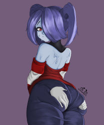Rule 34 | 1girl, absurdres, ass, ass grab, bare shoulders, blue hair, blue skin, colored skin, deep skin, detached sleeves, disembodied hand, dress, embarrassed, from behind, hair over one eye, highres, huge ass, long hair, looking at viewer, looking back, pantylines, red eyes, shiny clothes, shiny skin, skullgirls, sleepyspirit, solo focus, squigly (skullgirls), twintails