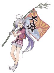 Rule 34 | 1girl, ahoge, air qh, asashimo (kancolle), bad id, bad twitter id, bamboo, clothes writing, commentary, flag, gloves, grey eyes, grey hair, hair over one eye, hand fan, happi, highres, japanese clothes, kantai collection, long hair, multicolored hair, paper fan, ponytail, purple hair, sharp teeth, shorts, teeth, white background, white gloves