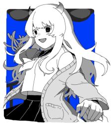 Rule 34 | 1girl, blue background, blush, cardigan partially removed, cevio, cowboy shot, floating hair, greyscale with colored background, horns, isei ni ikou ne (cevio), long hair, long sleeves, looking at viewer, mitty3302004, neckerchief, outside border, outstretched hand, pleated skirt, school uniform, serafuku, skirt, smile, solo focus, tentacle hands, ufo