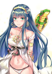 Rule 34 | 1girl, armlet, arms behind back, babydoll, bare shoulders, blue hair, blunt bangs, blush, breasts, buckle, cleavage, cleopatra (fate), cleopatra (third ascension) (fate), closed mouth, collar, cowboy shot, earrings, facial mark, fate/grand order, fate (series), green eyes, hairband, hand on own arm, highres, jewelry, konka, lips, long hair, looking at viewer, medium breasts, navel, off shoulder, panties, ring, smile, snake, solo, standing, stomach, straight hair, two-tone background, underwear, underwear only, very long hair, white panties