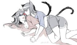 Rule 34 | 10s, 2014, 2girls, allenkung1, animal ears, blue eyes, cat ears, cat tail, dated, holding another&#039;s wrist, kill la kill, kiryuuin satsuki, lying, matoi ryuuko, multiple girls, navel, off shoulder, on floor, shorts, siblings, sisters, tail, tongue, tongue out, wince, yuri