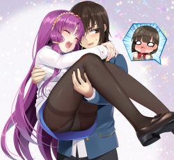 Rule 34 | 1boy, 2girls, :d, ass, bad id, bad pixiv id, black footwear, black hair, black legwear, blue skirt, blush, brown eyes, brown hair, carrying, commentary request, copyright request, facial mark, forehead mark, hair between eyes, highres, jacket, loafers, long hair, multiple girls, mvv, nose blush, open mouth, panties, panties under pantyhose, pantyhose, parted bangs, princess carry, purple hair, shoes, skirt, smile, speech bubble, thighband pantyhose, underwear, v-shaped eyebrows, very long hair, white jacket