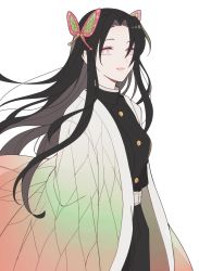 Rule 34 | 1girl, 5ya ngi, :d, belt, black hair, butterfly hair ornament, cowboy shot, floating hair, flower-shaped pupils, from side, hair ornament, hair over one eye, haori, highres, japanese clothes, kimetsu no yaiba, kochou kanae, long hair, long sleeves, looking at viewer, open mouth, pants, parted bangs, pink eyes, simple background, smile, solo, symbol-shaped pupils, uniform, very long hair, white background