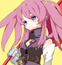 Rule 34 | 00s, 1girl, axe, bare shoulders, belt, blue eyes, child, colored eyelashes, elbow gloves, eyelashes, female focus, gauntlets, gloves, jewelry, knife, pink hair, presea combatir, shoochuu, solo, tales of (series), tales of symphonia, twintails, weapon, yellow background