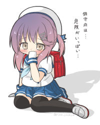Rule 34 | 1girl, arm support, backpack, bag, beret, black thighhighs, blue neckerchief, blue ribbon, blue skirt, blush, brown eyes, commentary request, covered mouth, gloves, grey footwear, hair ornament, hat, kantai collection, loafers, looking at viewer, neckerchief, pleated skirt, puffy short sleeves, puffy sleeves, purple hair, randoseru, ri-net, ribbon, school uniform, serafuku, shirt, shoes, short sleeves, sitting, skirt, solo, thighhighs, translation request, tsushima (kancolle), white background, white gloves, white hat, white shirt, yokozuwari