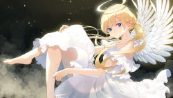 Rule 34 | 1girl, angel, angel wings, bare shoulders, barefoot, blonde hair, blue eyes, crescent, crescent earrings, dress, earrings, feathered wings, feet out of frame, floating, floating hair, frills, from side, halo, hami yura, highres, jewelry, knees up, light particles, long hair, looking at viewer, low twintails, off shoulder, original, plantar flexion, solo, star (symbol), star earrings, twintails, white dress, white wings, wings