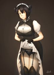 Rule 34 | 1girl, absurdres, agent (girls&#039; frontline), asymmetrical hair, black dress, black gloves, black hair, black panties, black thighhighs, breasts, clothes lift, double bun, dress, dress lift, garter belt, girls&#039; frontline, gloves, grey eyes, hair bun, hermann, highres, large breasts, lifting own clothes, maid, maid headdress, panties, puffy short sleeves, puffy sleeves, sangvis ferri, shirt, short sleeves, thighhighs, underwear, white shirt