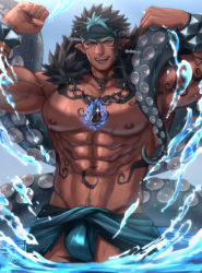 Rule 34 | 1boy, abs, alternate costume, arm tattoo, artist name, bara, biceps, black hair, blue hair, bracelet, dark-skinned male, dark skin, double biceps pose, ear piercing, earrings, facial tattoo, feet out of frame, flexing, headband, highres, jewelry, large pectorals, loincloth, looking at viewer, male focus, manly, mature male, mitsu qo, multicolored hair, muscular, muscular male, necklace, nipples, open mouth, outdoors, pectorals, piercing, pointy ears, signature, solo, spiked hair, stomach tattoo, tangaroa (housamo), tattoo, teeth, tentacles, thick arms, tokyo houkago summoners, tongue, topless male, veins, veiny arms, water