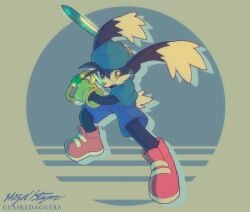 Rule 34 | 1boy, animal nose, arm up, artist name, backwards hat, baseball cap, black fur, blue background, blue hat, blue shirt, body fur, chromatic aberration, drop shadow, fang, fighting stance, full body, furrowed brow, gem, glairedaggers, gloves, green gemstone, hat, highres, holding, holding jewelry, holding ring, holding sword, holding weapon, jewelry, kaze no klonoa, klonoa, legs apart, long ears, looking to the side, male focus, open mouth, ornate ring, outside border, oversized object, rabbit boy, rabbit ears, rabbit tail, red footwear, ring, round image, serious, shirt, shoes, short sleeves, short tail, signature, solo, standing, sword, tail, teeth, two-tone fur, watermark, weapon, white fur, yellow eyes, yellow gloves