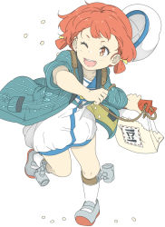 Rule 34 | 1girl, bag, beans, blue sailor collar, bow, brown eyes, brown hair, dress, full body, hair rings, hanten (clothes), hat, kaiboukan no. 4 (kancolle), kantai collection, long hair, looking to the side, low twintails, ninimo nimo, one eye closed, sailor collar, sailor dress, sailor hat, shoes, simple background, solo, twintails, uwabaki, white background, white dress, white hat, white legwear, yellow bow
