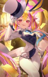 Rule 34 | + +, 1girl, animal ears, blonde hair, blue archive, blurry, blurry background, blush stickers, breasts, fake animal ears, hair between eyes, halo, hat, highres, koyuki (blue archive), koyuki (bunny) (blue archive), leotard, long hair, multicolored hair, necktie, open mouth, pantyhose, playboy bunny, rabbit ears, small breasts, top hat, two-tone hair, white pantyhose, yogurt bakudan