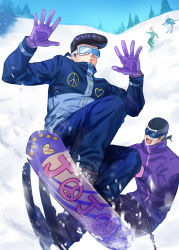 Rule 34 | 4boys, black hair, diamond wa kudakenai, gloves, goggles, higashikata josuke, jojo no kimyou na bouken, kakyoin noriaki, kankito, kuujou joutarou, male focus, multiple boys, nijimura okuyasu, peace symbol, pompadour, purple gloves, ski boots, ski gear, ski goggles, ski pole, skiing, skis, snow, snowboard, snowboarding, winter clothes