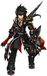 Rule 34 | 1boy, absurdres, artist request, belt, black coat, black footwear, black hair, black pants, boots, claws, closed mouth, coat, elsword, expressionless, full body, highres, holding, holding sword, holding weapon, jewelry, knee boots, long hair, looking at viewer, male focus, mechanical arms, necklace, official art, pants, ponytail, raven cronwell, reverse grip, single mechanical arm, solo, standing, sword, transparent background, weapon, weapon taker (elsword), yellow eyes