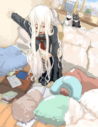 Rule 34 | 1girl, bad id, bad pixiv id, bed, book, book stack, cactus, cat, drooling, indoors, lefty10, long hair, messy hair, pillow, saliva, school uniform, serafuku, sleepy, solo, striped clothes, striped thighhighs, stuffed animal, stuffed toy, thighhighs, white hair, window