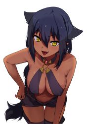 Rule 34 | 1girl, absurdres, bare shoulders, black hair, breasts, collarbone, commentary request, covered erect nipples, dark-skinned female, dark skin, fang, gem, hair between eyes, hair flaps, hand on own hip, hand on own knee, highres, jahy, jahy-sama wa kujikenai!, konbu wakame, leaning forward, long hair, looking at viewer, medium breasts, navel, o-ring, o-ring top, open mouth, pointy ears, red eyes, shorts, simple background, solo, tongue, tongue out, very long hair, white background