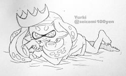 Rule 34 | 1girl, bare legs, barefoot, cross-shaped pupils, full body, inkling, isamu-ki (yuuki), long hair, looking at viewer, lying, mole, mole under mouth, monochrome, nintendo, on stomach, pearl (splatoon), pointy ears, simple background, smile, solo, splatoon (series), suction cups, symbol-shaped pupils, tentacle hair, traditional media, twitter username, white background