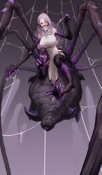 Rule 34 | 1girl, absurdres, arthropod girl, bare shoulders, blush, breasts, claws, commentary request, commission, ekrea jan, grey hair, hair between eyes, highres, insect girl, large breasts, long arms, long hair, monster girl, open mouth, original, pointy ears, purple eyes, sharp teeth, silk, skeb commission, solo, spider girl, spider web, teeth, turtleneck, very long hair, wavy hair