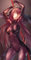 Rule 34 | 1girl, arms up, azomo, bodysuit, breasts, covered navel, cowboy shot, fate/grand order, fate (series), gae bolg (fate), gem, gluteal fold, hair between eyes, highres, holding, holding weapon, jewelry, large breasts, long hair, looking at viewer, parted lips, polearm, purple bodysuit, purple hair, red eyes, scathach (fate), solo, veil, very long hair, weapon