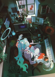 Rule 34 | 1girl, absurdres, aqua eyes, aqua hair, aqua thighhighs, book, bookshelf, chair, commentary request, cup, dual monitor, fish, fish tank, from above, gloves, hatsune miku, highres, instrument, keyboard (computer), keyboard (instrument), kukka, long hair, microphone, monitor, mouse (computer), office chair, photo (object), pill bottle, plant, pop filter, robot, sitting, solo, stereo, swivel chair, thighhighs, twintails, vocaloid, white gloves, window