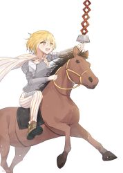 Rule 34 | 1girl, armor, blonde hair, brown footwear, cape, don quixote (project moon), highres, holding, horse, horseback riding, lance, limbus company, love mintchoco, open mouth, pants, polearm, project moon, riding, saddle, short hair, striped clothes, striped pants, weapon, white background