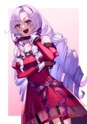 Rule 34 | 1girl, bare shoulders, black gloves, breasts, chest tattoo, detached sleeves, dress, drill hair, gloves, hair ribbon, hairband, highres, hrtyuk, hyakumantenbara salome, hyakumantenbara salome (1st costume), juliet sleeves, light purple hair, long hair, long sleeves, medium breasts, nijisanji, off-shoulder dress, off shoulder, ojou-sama pose, open mouth, parted bangs, puffy sleeves, purple eyes, purple hair, purple hairband, red dress, red sleeves, ribbon, scorpion tattoo, solo, tattoo, virtual youtuber
