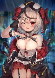 Rule 34 | 1girl, animal hood, black gloves, black hair, black jacket, blurry, blurry background, bow, breasts, camisole, caution, caution tape, cleavage, commentary request, depth of field, fingerless gloves, gloves, grey hair, hair between eyes, hair ornament, hairclip, hand up, highres, hololive, hood, hood up, jacket, long hair, long sleeves, looking at viewer, medium breasts, multicolored hair, nail polish, orca hood, plaid, plaid bow, plaid skirt, pleated skirt, puffy long sleeves, puffy sleeves, red bow, red eyes, red nails, red skirt, sakamata chloe, skirt, solo, strap slip, streaked hair, twitter username, virtual youtuber, wet, wet clothes, white camisole, x hair ornament, xephonia