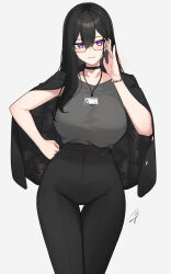 Rule 34 | 1girl, black choker, black hair, black jacket, black pants, blush, breasts, choker, classy-black-haired girl (hayabusa), commentary request, glasses, grey shirt, hayabusa, highres, jacket, jacket on shoulders, large breasts, long hair, looking at viewer, mole, mole under eye, office lady, original, pants, parted lips, purple eyes, shirt, shirt tucked in, signature, simple background, smile, solo, thigh gap, white background