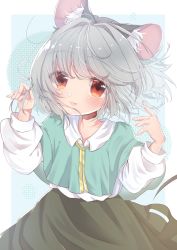 Rule 34 | 1girl, absurdres, animal ear fluff, animal ears, ashino chimado, blue capelet, blush, capelet, closed mouth, commentary request, cowboy shot, grey hair, grey skirt, highres, long sleeves, looking at viewer, mouse ears, mouse girl, mouse tail, nazrin, red eyes, shirt, short hair, skirt, smile, solo, tail, touhou, white shirt