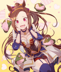 Rule 34 | :d, animal ears, asymmetrical bangs, blue garter straps, blue thighhighs, blush, bow, breasts, brown hair, choker, cleavage, collarbone, commentary request, corset, drooling, ear ornament, facing viewer, feet out of frame, flower-shaped pupils, food, garter straps, gold hairband, hair bow, hairband, hands on own cheeks, hands on own face, heart, highres, horse ears, horse girl, jacket, leaning, long hair, long sleeves, medium breasts, mouth drool, navel, open clothes, open jacket, open mouth, pink eyes, ponytail, raised eyebrows, red shorts, sakura bakushin o (umamusume), sakura mochi, shorts, shorts under skirt, sidelocks, skirt, smile, starting future (umamusume), symbol-shaped pupils, thighhighs, umamusume, very long hair, wagashi, white jacket, white skirt, wristband, yellow background, yue (lov n n)