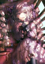 Rule 34 | 1girl, black gloves, book, brown hair, candle, crossed arms, dress, fang, from above, garter straps, gloves, half-closed eyes, highres, holding, holding book, lace, lace gloves, layered dress, long hair, looking at viewer, lying, on back, open mouth, original, pink dress, pleated dress, purple eyes, smile, solo, tears, thighhighs, very long hair, wata (attaka towel)