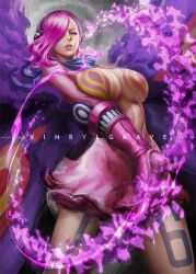 Rule 34 | 1girl, blue eyes, breasts, butterfly wings, cleavage, curly eyebrows, dress, gloves, hair over one eye, headphones, insect wings, large breasts, leg tattoo, looking at viewer, one piece, pink dress, pink hair, poison, scarf, short hair, solo, tattoo, vinrylgrave, vinsmoke reiju, wings