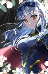 Rule 34 | 1girl, blue dress, blue hair, blue hairband, blunt bangs, blush, breasts, brown eyes, cape, center frills, commentary request, dress, fire emblem, fire emblem: three houses, fire emblem warriors: three hopes, floating hair, flower, frills, hairband, highres, lace-trimmed hairband, lace trim, large breasts, lips, long hair, looking at viewer, marianne von edmund, mu tu bu, nintendo, official alternate costume, official alternate hairstyle, pink lips, red cape, solo, white flower