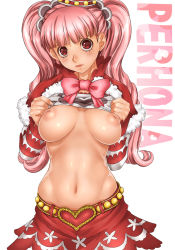 Rule 34 | 1girl, blush, bow, bowtie, breasts, breasts apart, breasts out, character name, closed mouth, clothes lift, cowboy shot, crown, female focus, flashing, fur trim, hands on own chest, hands up, highres, hip focus, inverted nipples, long hair, looking at viewer, medium breasts, navel, nipples, no bra, one piece, perona, pink bow, pink hair, red eyes, sakuradou, shirt lift, simple background, skirt, solo, standing, twintails, white background