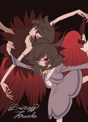 Rule 34 | 2girls, ahoge, arms up, ballerina, bare shoulders, black dress, black hair, black nails, brown hair, character name, closed mouth, dress, dual persona, feathered wings, grey dress, grey shirt, leg up, looking at viewer, meremero, multiple girls, outstretched arms, princess kraehe, princess tutu, red eyes, red wings, rue (princess tutu), school uniform, shirt, short hair, smile, socks, spread arms, standing, strapless, strapless dress, third-party source, tutu, white socks, wings