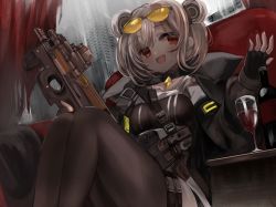 Rule 34 | 1girl, alcohol, bottle, breasts, bullpup, choker, commission, cup, curtains, double bun, drinking glass, eyewear on head, fingerless gloves, girls&#039; frontline, gloves, gun, hair bun, highres, jacket, knees up, light brown hair, looking at viewer, medium breasts, open mouth, p90, p90 (girls&#039; frontline), raiyo (pixiv16261673), red eyes, short hair, skeb commission, smile, solo, submachine gun, sunglasses, thigh strap, thighhighs, weapon, wine, wine bottle, wine glass