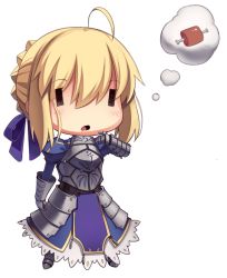 Rule 34 | 1girl, ahoge, armor, armored dress, artoria pendragon (all), artoria pendragon (fate), blonde hair, blue ribbon, blush, boa (brianoa), boned meat, boots, braid, breastplate, chibi, drooling, fate/stay night, fate (series), faulds, food, full body, gauntlets, hair between eyes, hair bun, hair ribbon, highres, hungry, imagining, juliet sleeves, legs apart, long sleeves, looking at viewer, meat, open mouth, plate armor, puffy sleeves, ribbon, saber (fate), short hair, single hair bun, solo, thought bubble, transparent background, | |, || ||