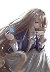 Rule 34 | 1girl, absurdly long hair, absurdres, ascot, bird, bird on hand, brown eyes, brown hair, casting spell, closed mouth, dress, expressionless, feet out of frame, hair intakes, hands up, highres, long hair, looking at viewer, matsu bo kuri, sense (sousou no frieren), sitting, solo, sousou no frieren, stille (sousou no frieren), very long hair, white ascot