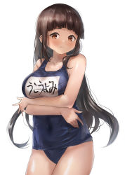 Rule 34 | 1girl, bare arms, bare legs, bare shoulders, black hair, black one-piece swimsuit, blush, breasts, brown eyes, closed mouth, collarbone, cowboy shot, kantai collection, large breasts, long hair, myoukou (kancolle), name tag, one-piece swimsuit, school swimsuit, simple background, solo, swimsuit, toka (marchlizard), white background