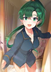 Rule 34 | 1girl, absurdres, blush, boots, breasts, cleavage, doorway, fire emblem, fire emblem: the blazing blade, fire emblem heroes, green eyes, green hair, high ponytail, highres, indoors, long hair, looking at viewer, lyn (fire emblem), naked shirt, nintendo, open mouth, ormille, plant, ponytail, pov doorway, shirt, simple background, sleeves rolled up, smile, solo, sparkle, unworn boots