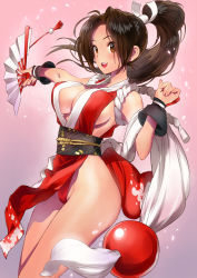 Rule 34 | 1girl, breasts, brown eyes, brown hair, cleavage, japanese clothes, large breasts, long hair, ponytail, revealing clothes, shiranui mai, sideboob, smile, snk, the king of fighters